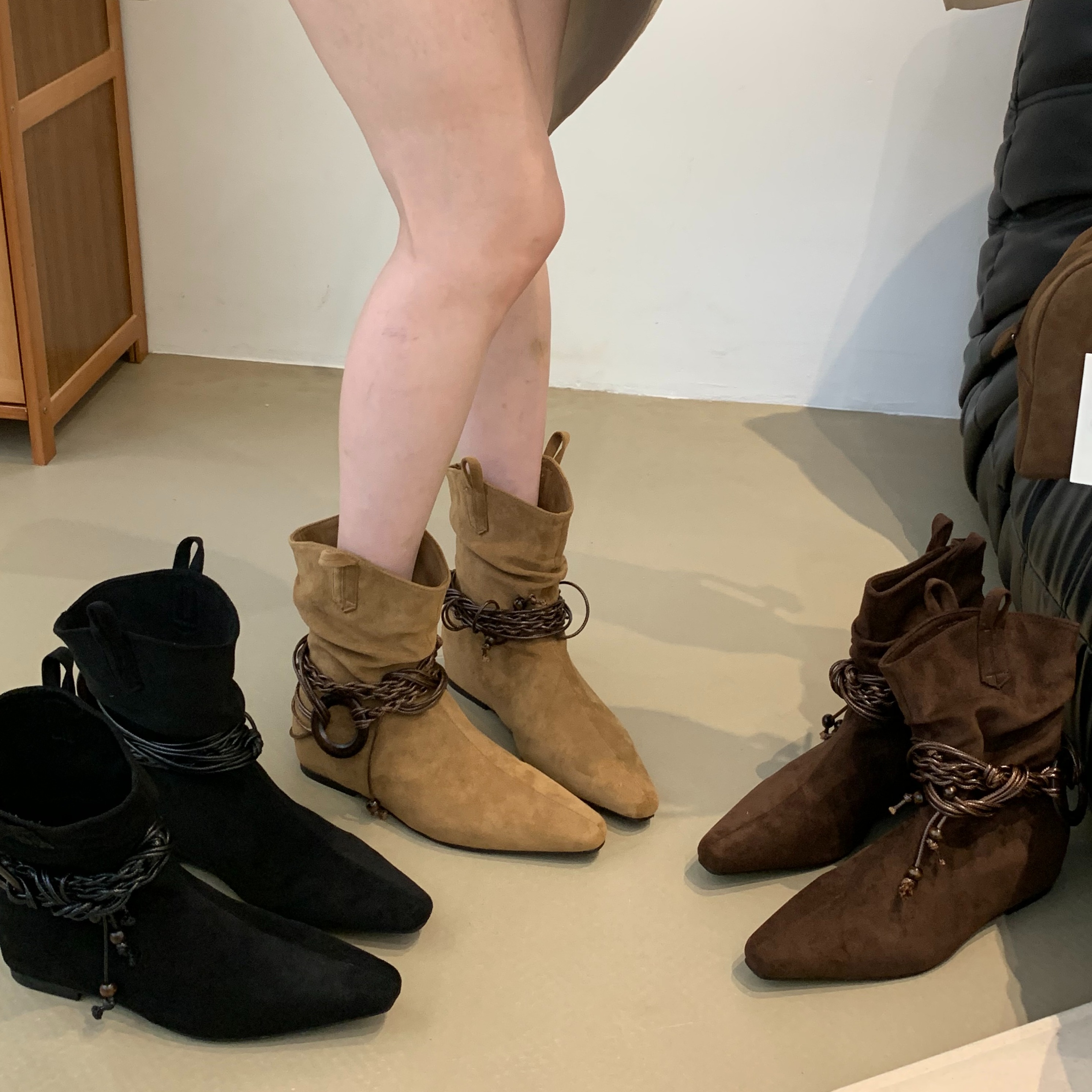 英伦风绒面内增高西部牛仔靴女