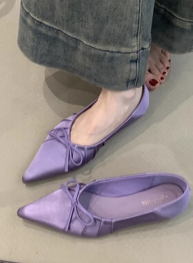 温柔仙女单鞋女2025年春季法式气质优雅紫色褶皱尖头内增高晚晚鞋