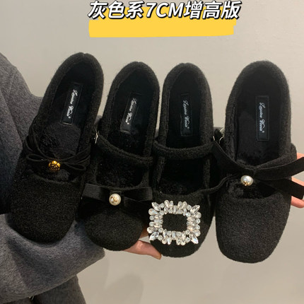 内增高加粗跟7CM 经典黑色毛呢水钻方头浅口加绒仙女风玛丽珍鞋