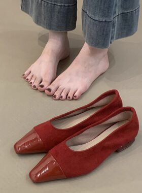 软漆皮方头浅口低跟单鞋女鞋子