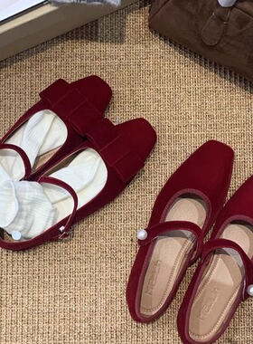 法式丝绒玛丽珍鞋2025年春季新年红色蝴蝶结方头浅口平底晚晚鞋