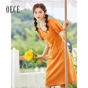 Oece法式小众裙子夏装新款女装显白设计感泡泡袖修身连衣裙