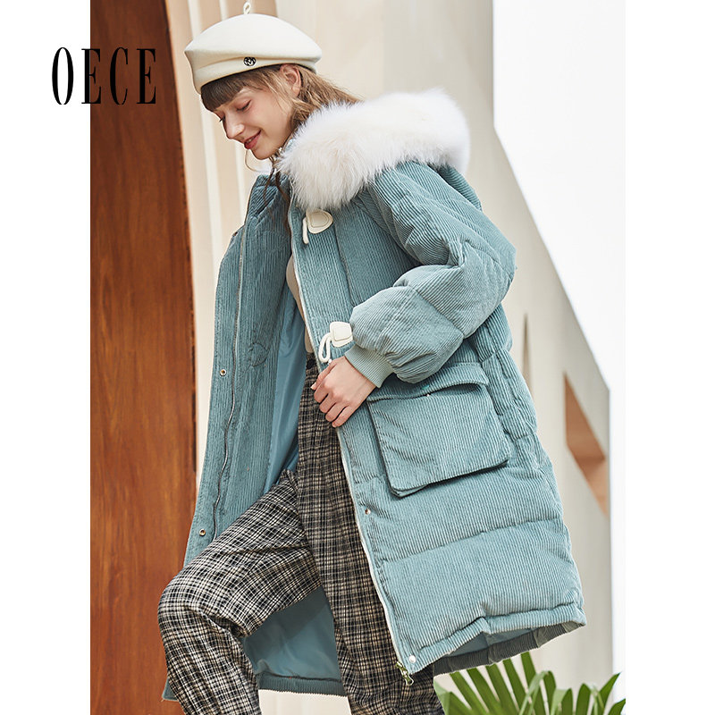 Oece冬装新款女法式大毛领连帽羽绒服中长款加厚外套