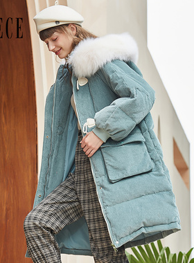 Oece冬装新款女法式大毛领连帽羽绒服中长款加厚外套