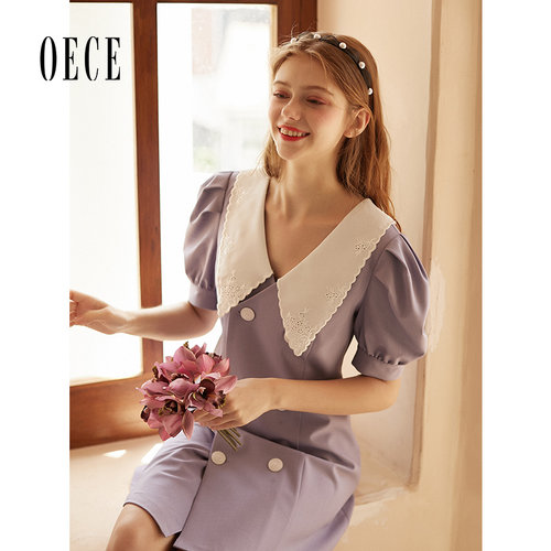 Oece紫色连衣裙夏装新款女装复古法式气质修身泡泡袖裙子显瘦