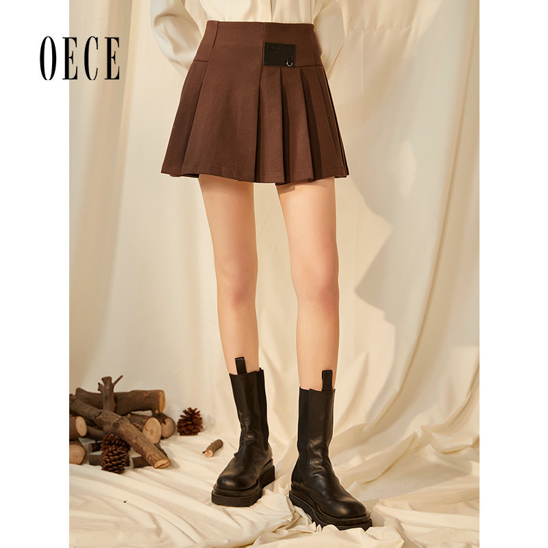 Oece冬装新款女装百褶高腰半身裙