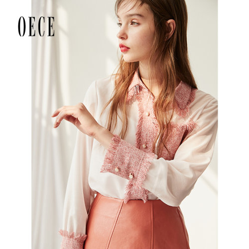 Oece春装新款女装 恬静法式复古拼接设计优雅翻领长袖衬衫