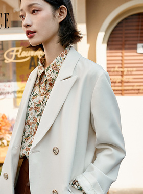 Oece白色小西装秋季复古英伦风女士西服春秋休闲外套