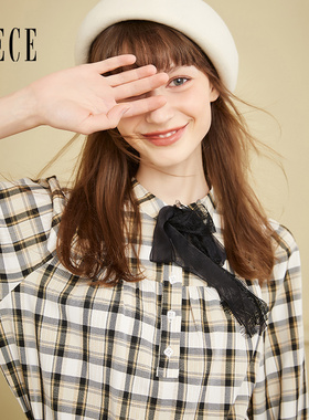 Oece法式蕾丝复古文艺格子长袖衬衫气质上衣春秋季新款女装