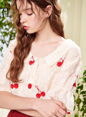 Oece春夏新款女装复古港味衬衫设计感娃娃领短袖雪纺衫上衣