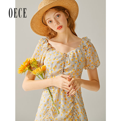 Oece年春夏花边领小短袖连衣裙