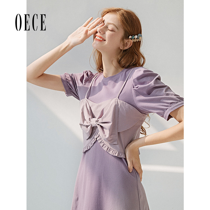 Oece夏装新款女装 蜜蜜葡萄紫甜心可爱吊带圆领泡泡袖连衣裙