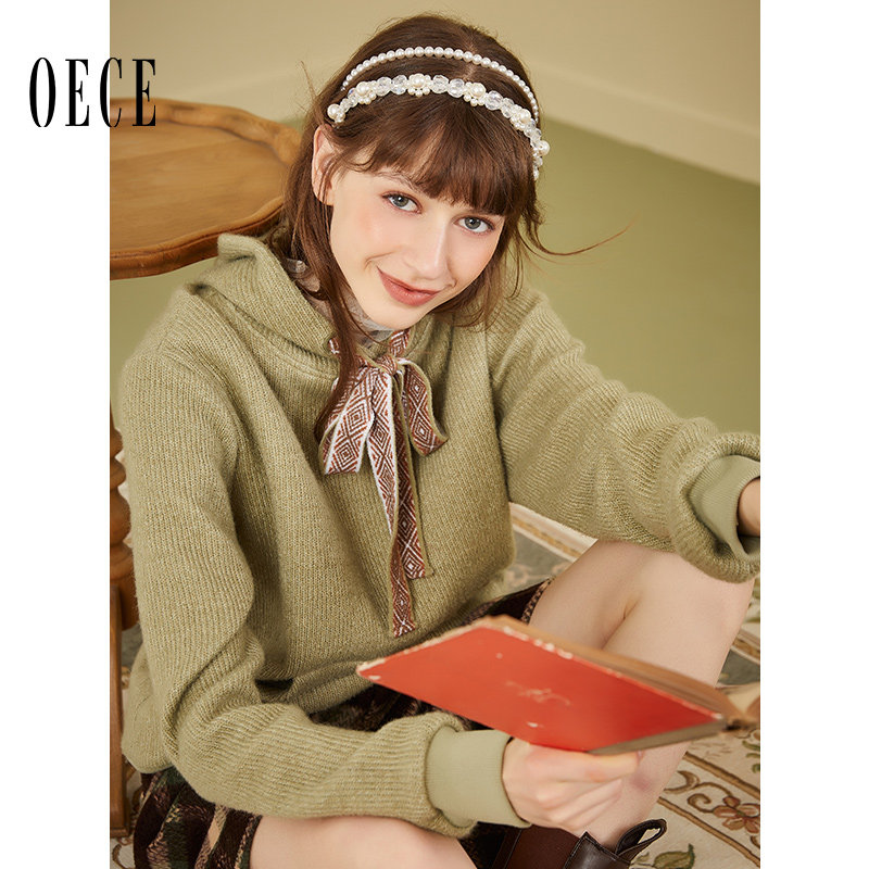 秋冬装减龄针织衫毛衣连帽系带