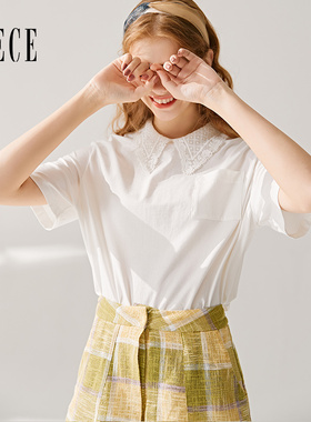 oece夏装新款女装甜心元气法式蕾丝翻领白色减龄短袖T恤