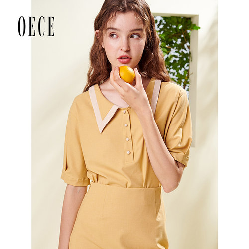 Oece夏装新款女装 显白减龄衬衫学院拼色复古甜美设计感上衣