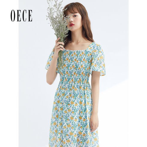 Oece夏装新款女装 治愈青草小碎花复古文艺方领短袖连衣裙