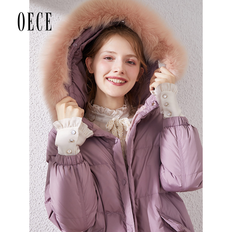 Oece冬新款女装复古大气大毛领带帽中长款加厚羽绒服