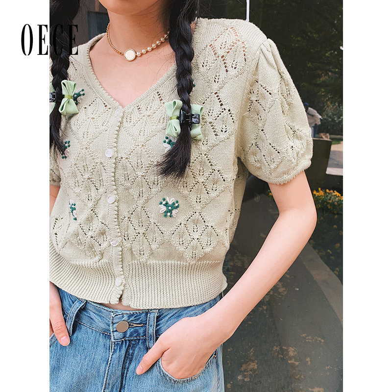 Oece薄款针织开衫女春夏新款女装复古早春上衣短袖设计感小众