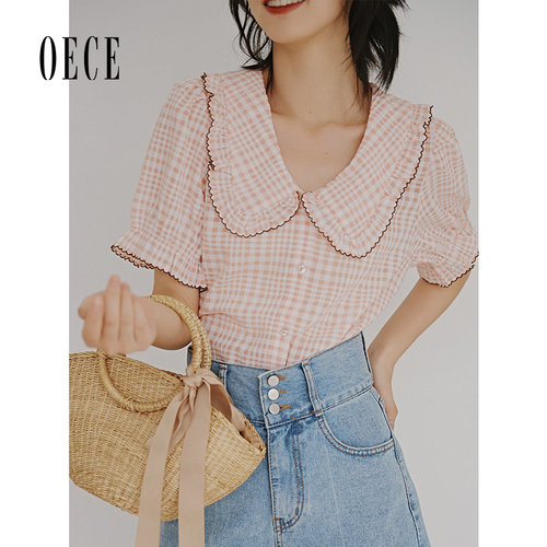 Oece夏装新款女装 少女感桃桃蜜粉复古格娃娃领泡泡袖上衣