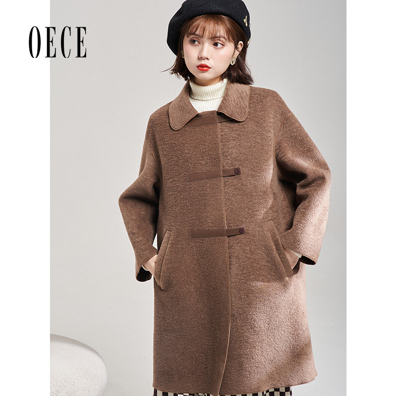 Oece复古修身呢大衣冬新款女法式中长气质毛呢外套
