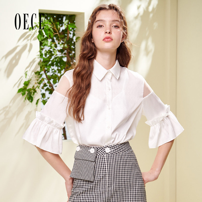 Oece夏装新款女装 女孩法式甜美拼纱喇叭袖翻领雪纺衬衫上衣