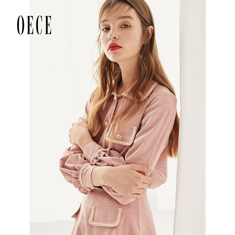 Oece春秋装新款女装 沁甜有氧女复古小香风甜美翻领长袖衬衫