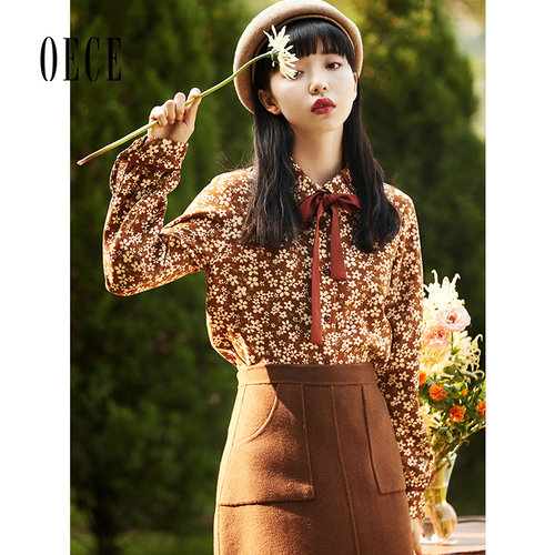 Oece复古韩系碎花衬衫秋冬季新款女装长袖衬衣上衣