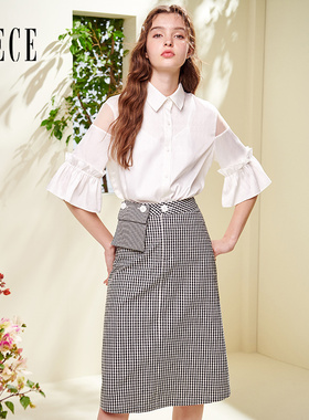 Oece夏装新款女个性口袋复古细格高腰修身半身裙