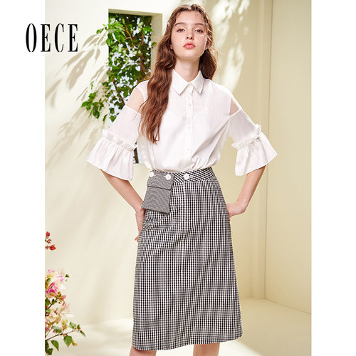 Oece夏装新款女个性口袋复古细格高腰修身半身裙