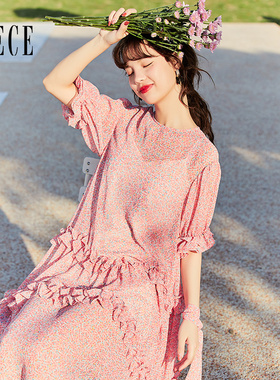 Oece春夏装新款女装甜甜衬肤白桃气粉碎花法式花边短袖连衣裙