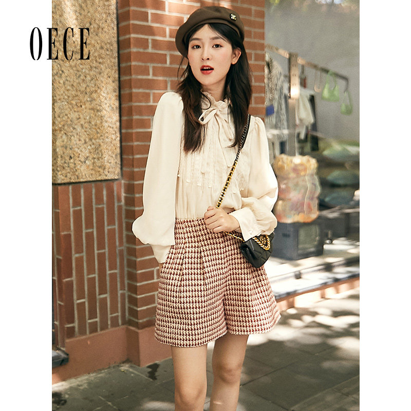 Oece冬装新款女装复古格纹个性气质百搭高腰短裤秋冬裤子
