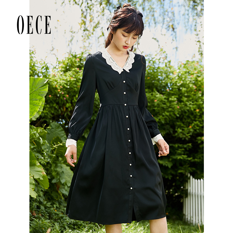 Oece秋装新款女装 法式小黑裙复古蕾丝翻领高腰长袖连衣裙
