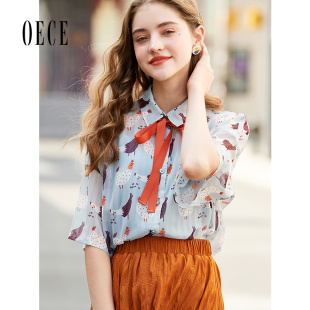 韩版 Oece春夏新款 女士上衣印花雪纺衫 复古港味衬衫 衬衣 女装