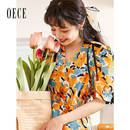 Oece复古碎花裙新款夏季女温柔系连衣裙女裙气质裙子
