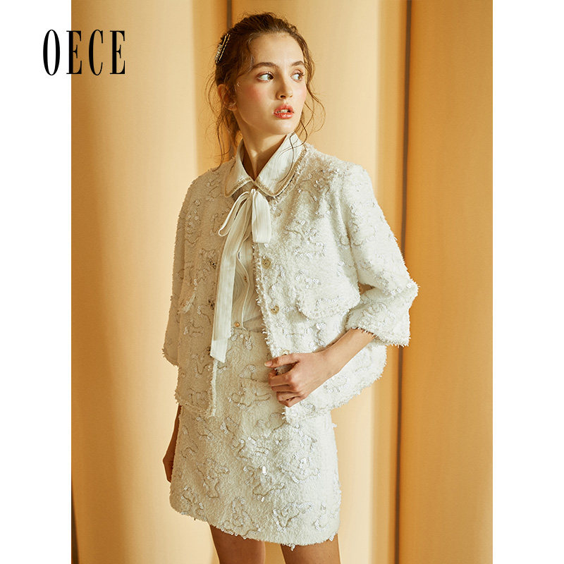 Oece春装新款女装香风亮片半身裙