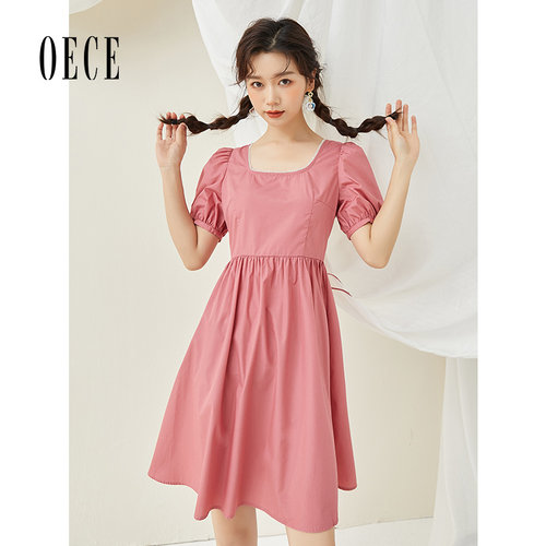 Oece少女风连衣裙夏装新款女法式收腰裙气质方领连衣裙