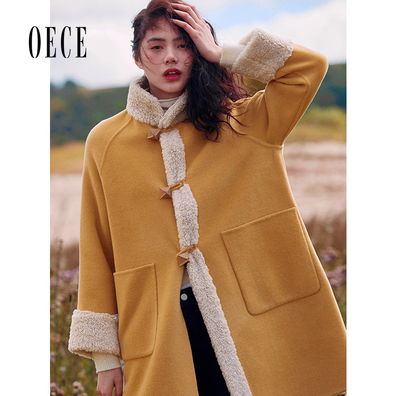 Oece双面呢大衣秋冬新款复古毛绒法式羊毛呢大衣中长款外套女