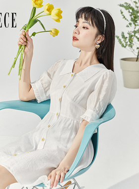 Oece法式白色连衣裙春夏新款女装文艺复古高腰短袖气质春裙子