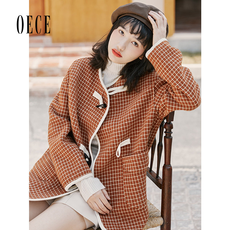 Oece复古格纹毛呢外套冬季新款女装气质羊毛双面呢大衣小个子