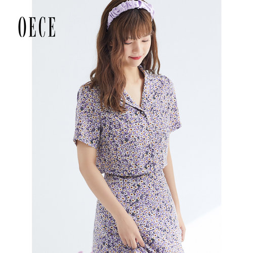 Oece夏装新款女装 小雏菊元气复古甜美翻领碎花短袖上衣