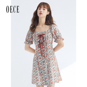 oece夏装新款女装复古花子甜美小方领系带短袖碎花连衣裙