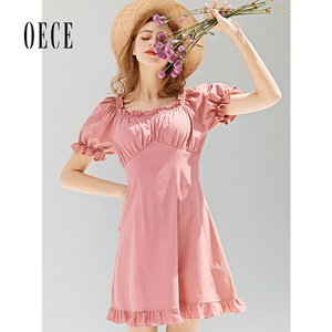 Oece夏装新款女装 法式甜心复古花边小方领高腰短袖连衣裙