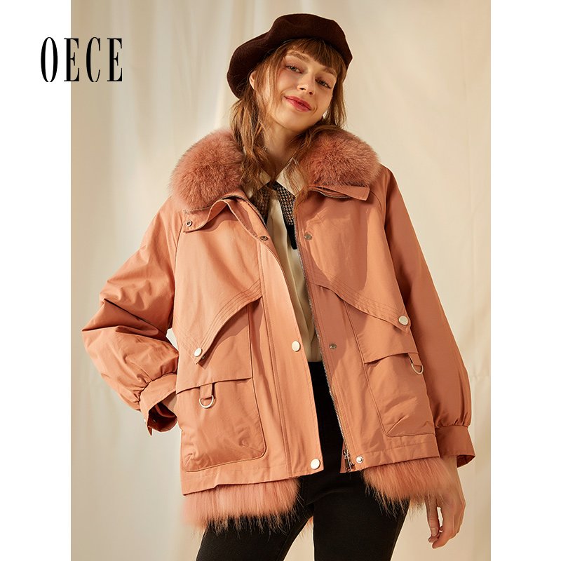 Oece冬装新款女装大气拉风御寒毛领加厚派克服外套