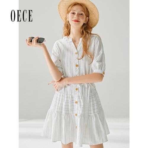 Oece春夏新款女装复古法式文艺条纹裙子春轻熟风气质连衣裙