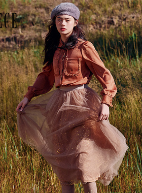 Oece冬装新款女装 法式女气质高腰百褶裙半身裙秋冬纱裙