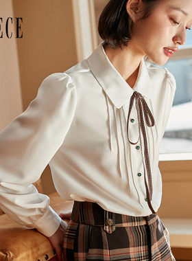 Oece白色长袖衬衫春装新款女装学院风复古减龄通勤长袖衬衣