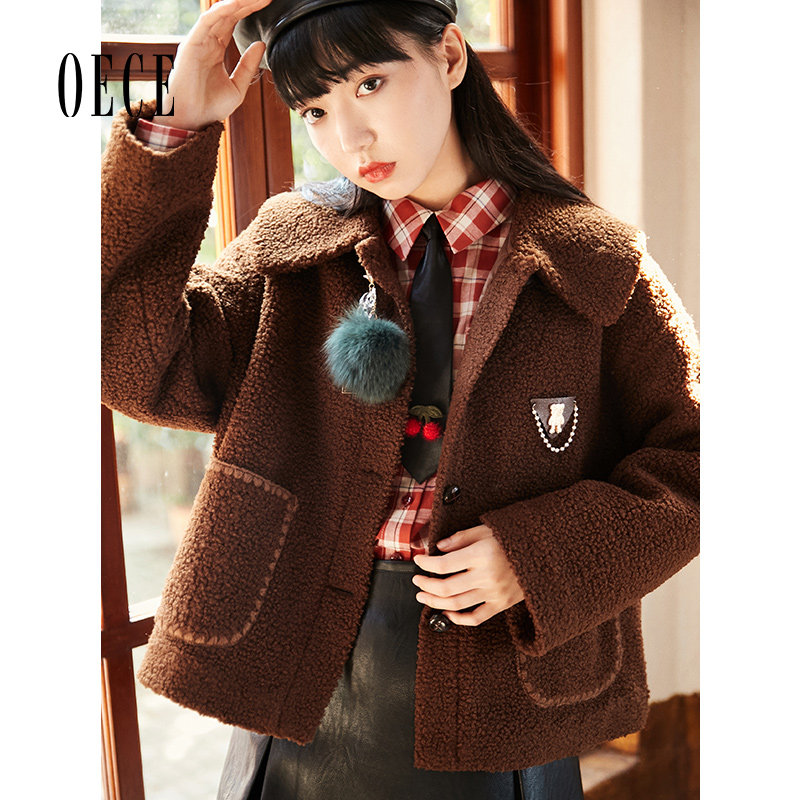 Oece复古毛毛外套冬新款女软糯系羊羔毛短款大衣小个子