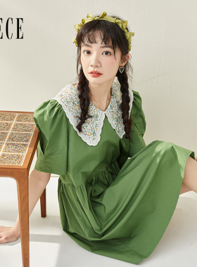 Oece复古绿色裙子夏装新款女装森系文艺显白蕾丝甜美连衣裙