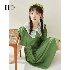 Oece复古绿色裙子夏装新款女装森系文艺显白蕾丝甜美连衣裙