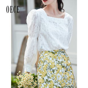 新款 气质泡泡袖 女装 复古小方领衬衫 设计感上衣 法式 Oece秋装
